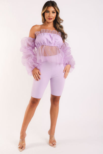 Puce Juniper sexy organza sleeve detailed top with matching shorts 2-piece set in lavender, featuring sheer fabric and stylish design.