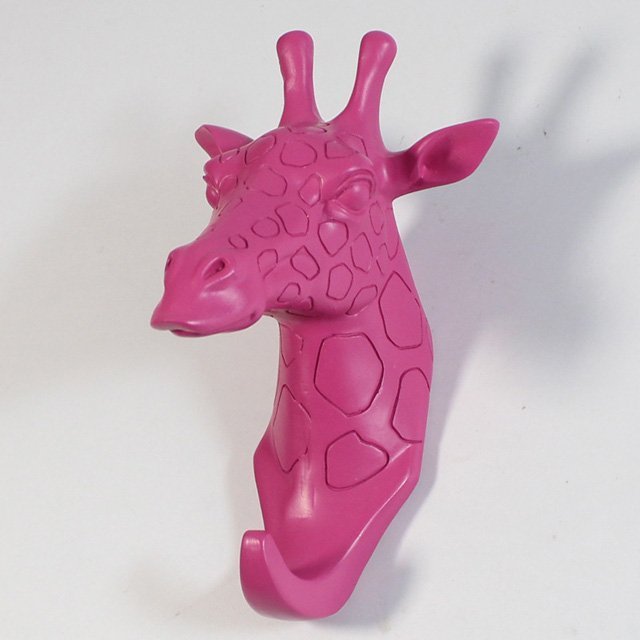 Fuchsia Molly resin giraffe head hook for home and garden decor, featuring detailed giraffe design and functional wall hook.