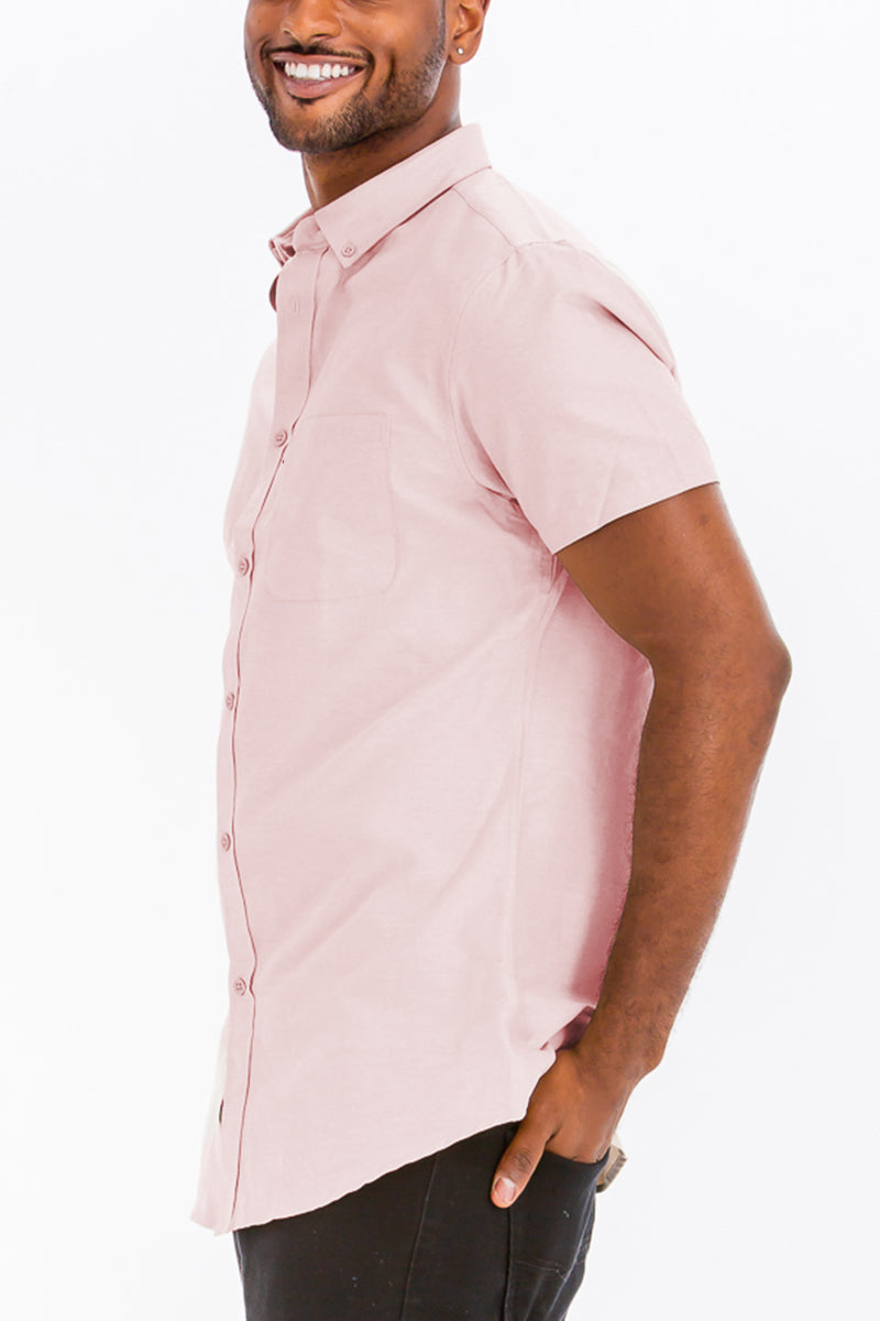 Lime Milo Signature short sleeve button-down dress shirt in a classic pattern, tailored fit with collar and front buttons.