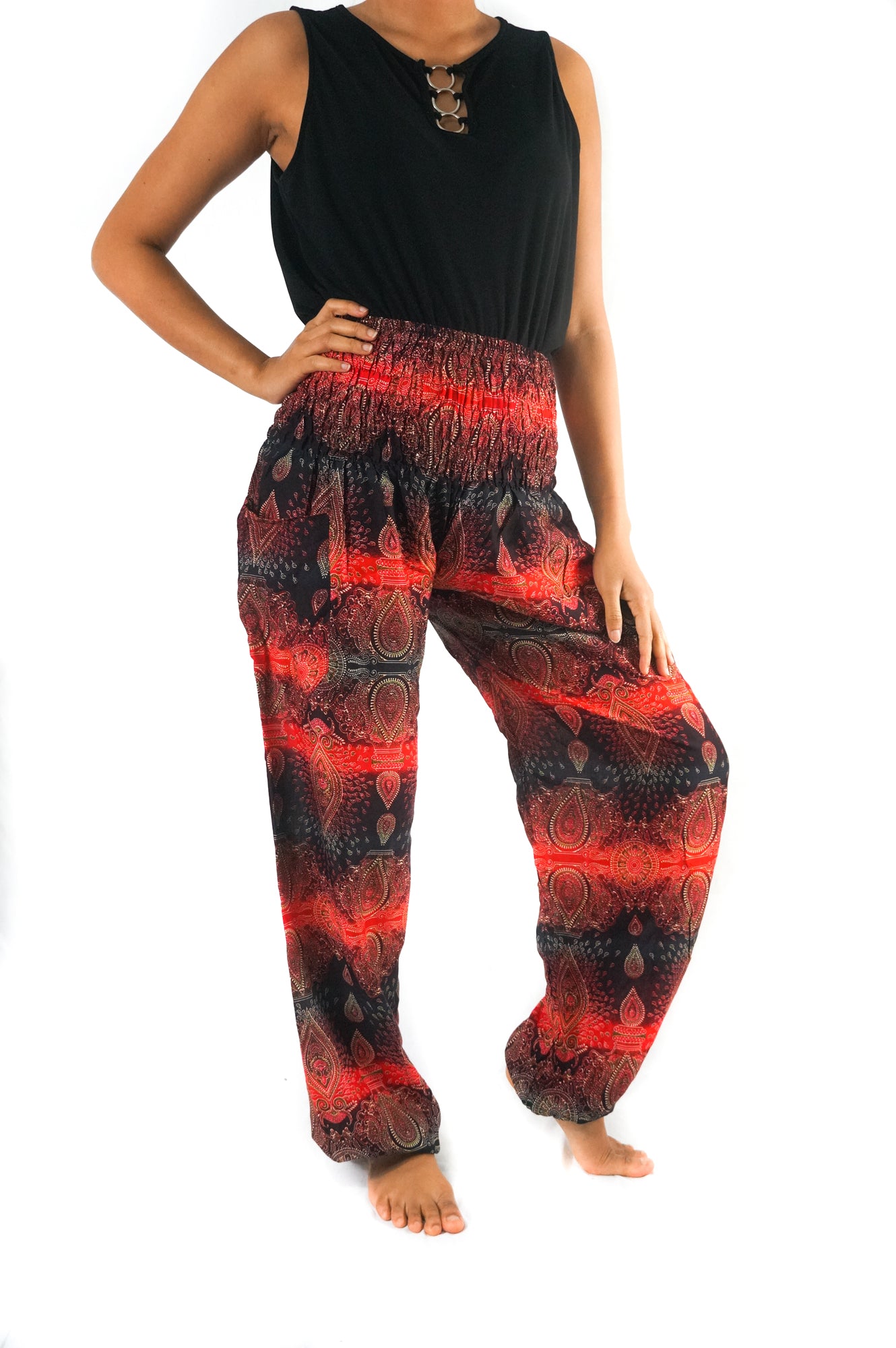Tan Smokey striped harem pants with boho paisley pattern, relaxed fit hippie style pants for casual wear
