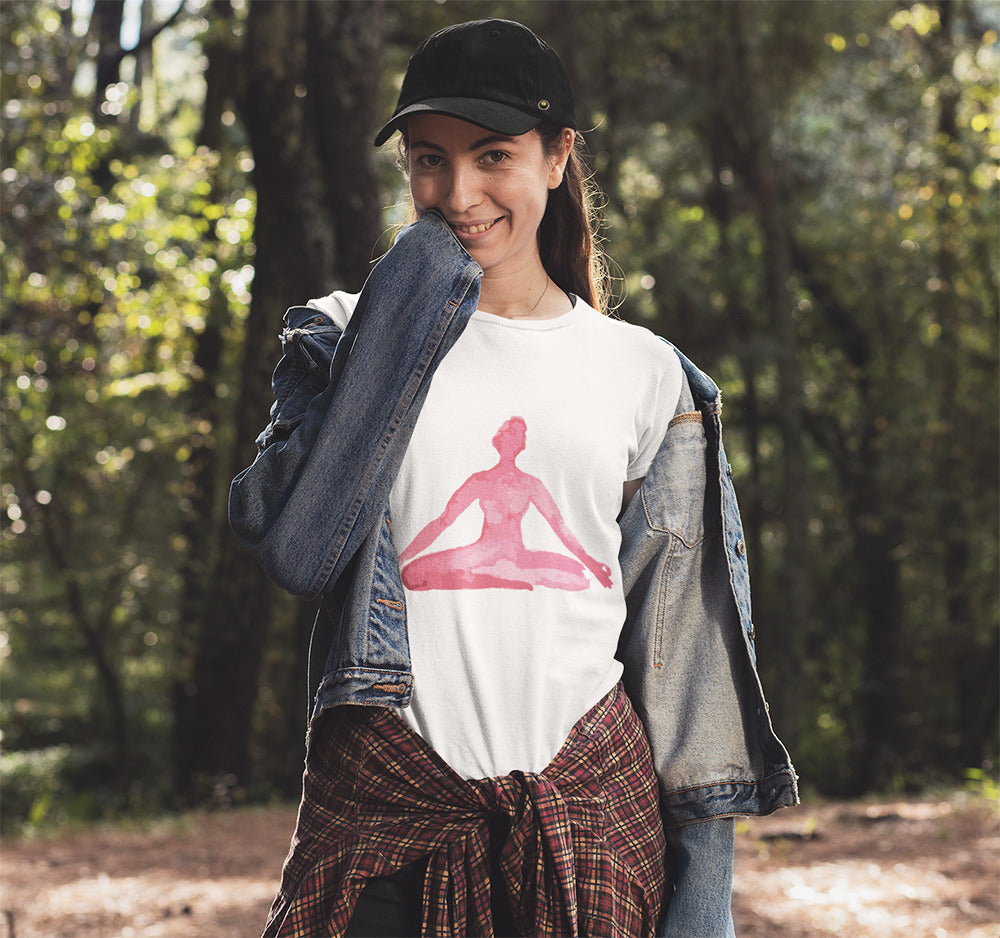 Yellow Pandora yoga meditation pose print T-shirt featuring a relaxed, comfortable fit with a calming spiritual design.