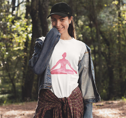Yellow Pandora yoga meditation pose print T-shirt featuring a relaxed, comfortable fit with a calming spiritual design.
