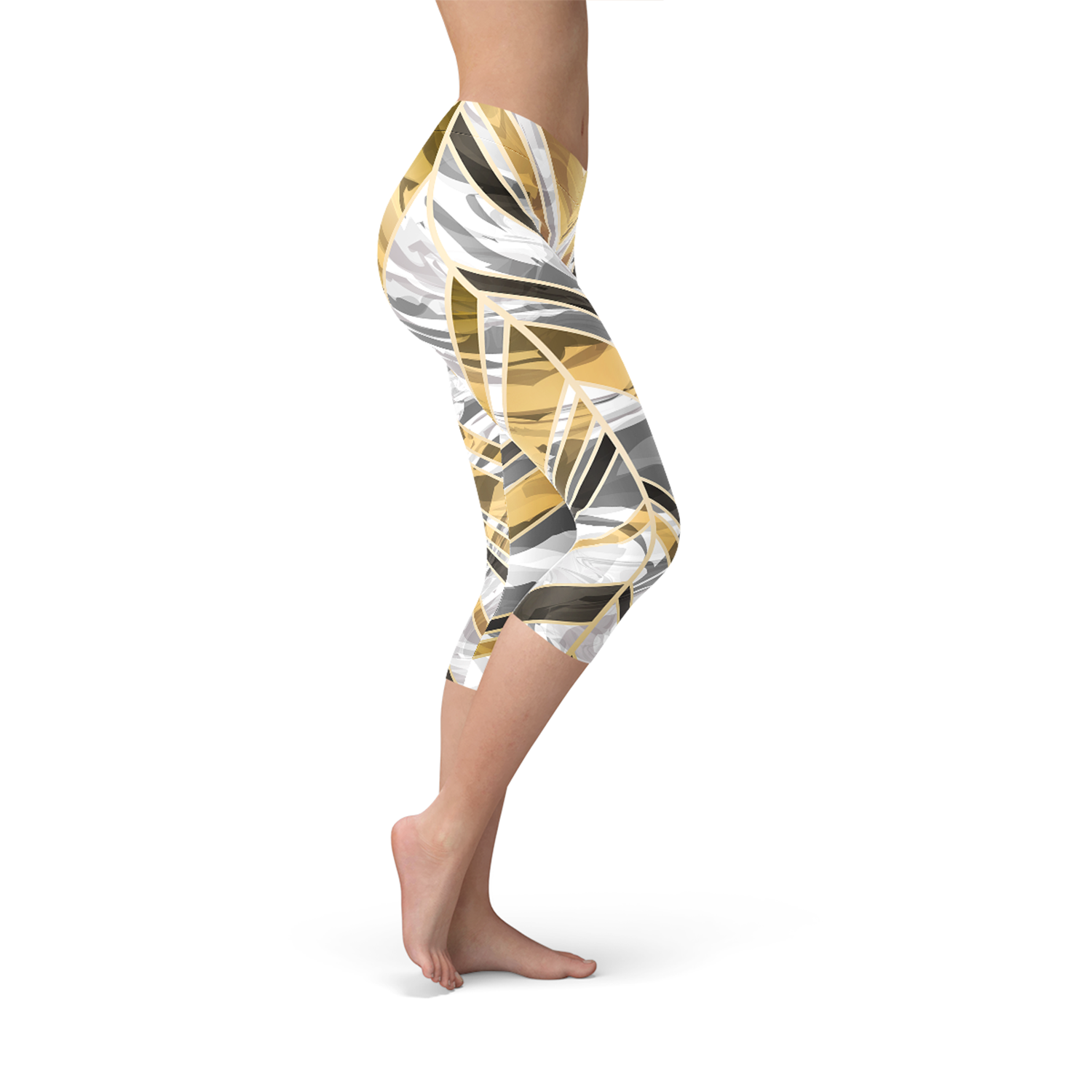 Maroon Sooty white marble Capri leggings with black gold line pattern, featuring a close-up of the stylish, form-fitting fabric.
