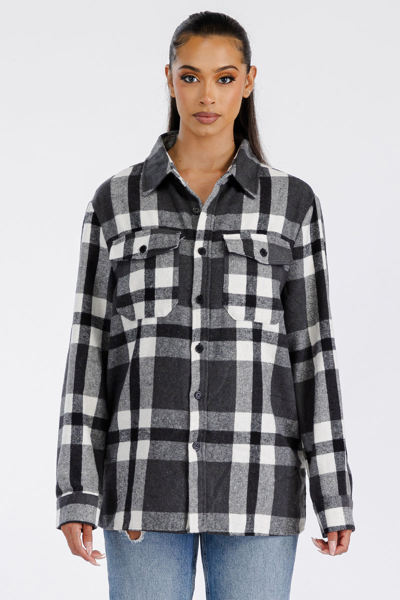Lime Milo Boyfriend Oversized Soft Flannel Shacket in grey and black plaid, showing its relaxed fit and cozy fabric.