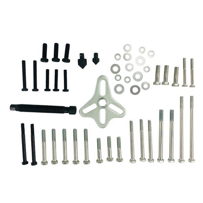 Lilac Milo 46-piece automotive bearing puller set with harmonic balancer and steering wheel removal tools displayed on a workbench.