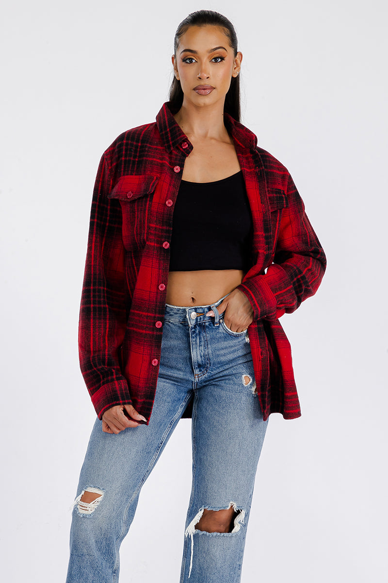 Lime Milo Boyfriend oversized soft flannel shacket in neutral tones, featuring a relaxed fit with button closures and chest pockets.