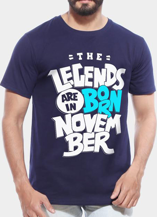 Scorpius Legends Are Born In November half sleeve T-shirt featuring bold text design on white fabric.