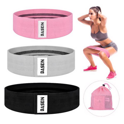 Set of three Lilac Milo resistance exercise bands for fitness and strength training, shown in various stretched positions.