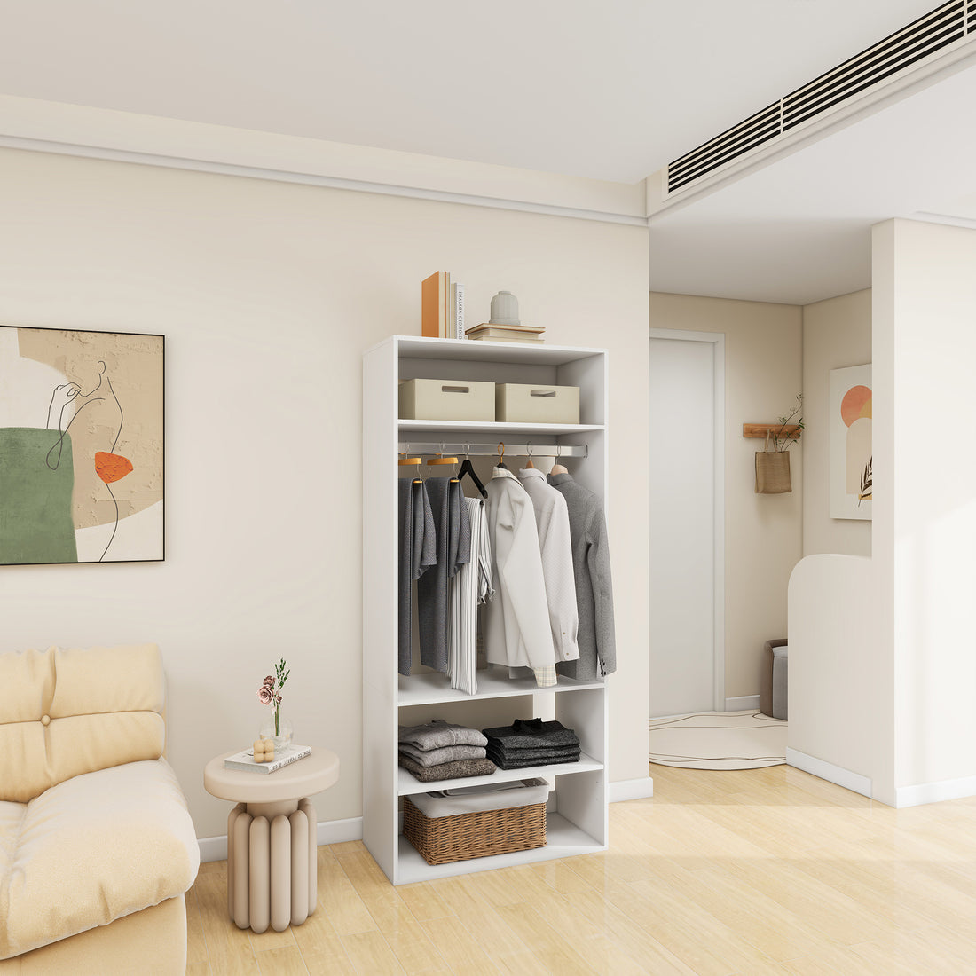 A5 Modular Wooden Closet Organizer System by Mauve Snowdrop arranged in a bedroom, featuring compartments and shelves for storage.