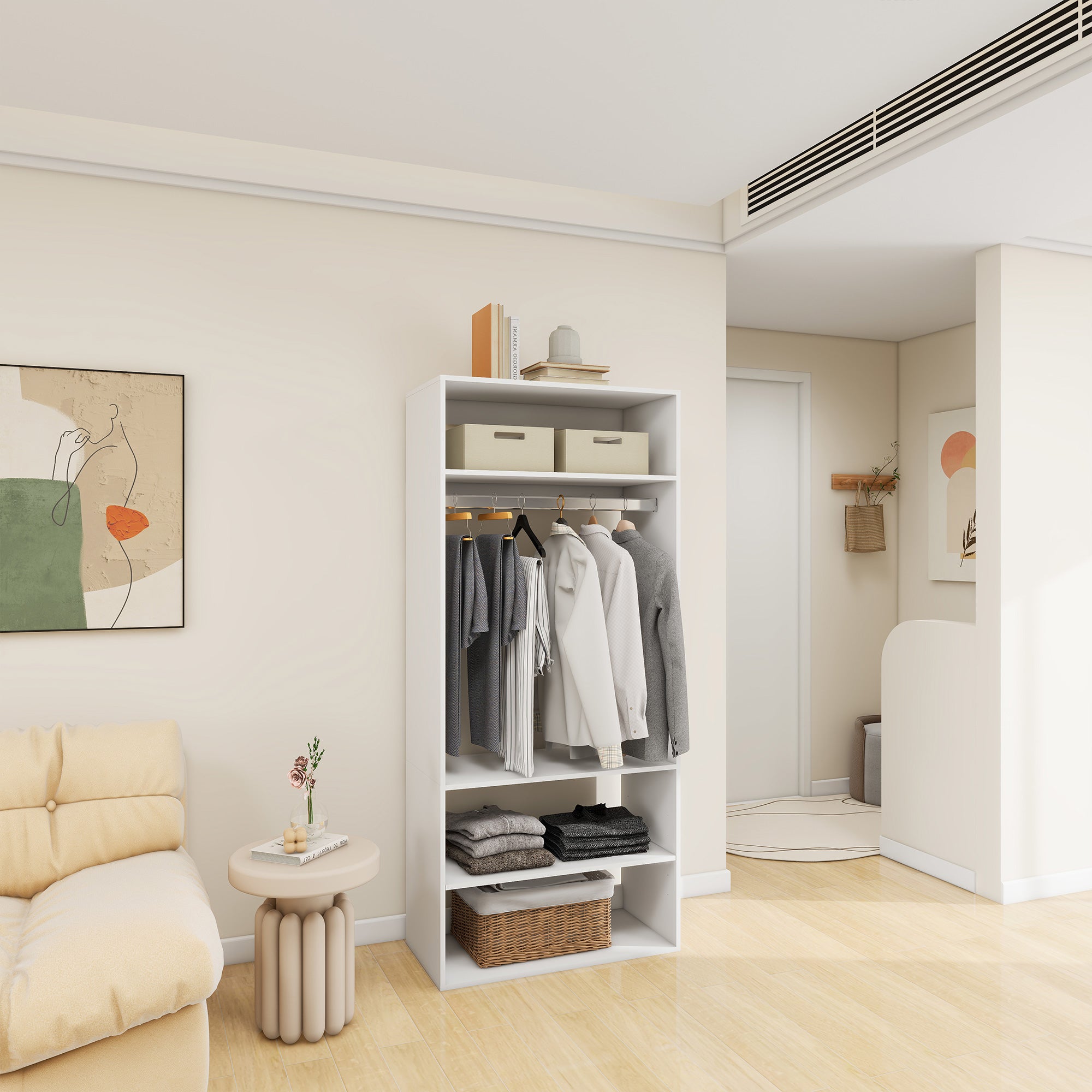 A5 Modular Wooden Closet Organizer System by Mauve Snowdrop arranged in a bedroom, featuring compartments and shelves for storage.