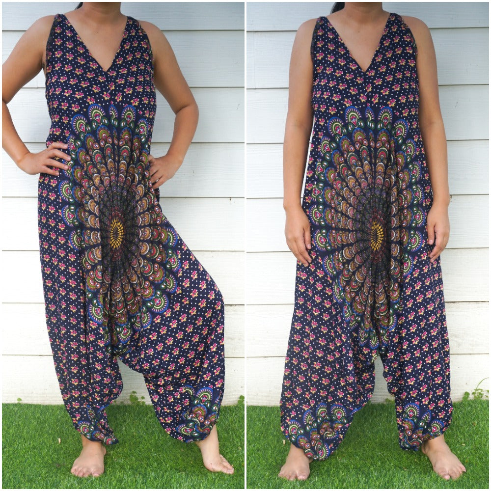 Tan Smokey Chakra Hippie jumpsuit with boho design, featuring flowing fabric and festival-ready style, perfect for bohemian fashion.