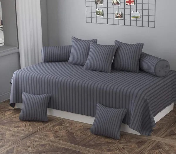 Sangria Alcestis diwan set with single flat bedsheet and five cushion covers, showcasing elegant home and garden decor.