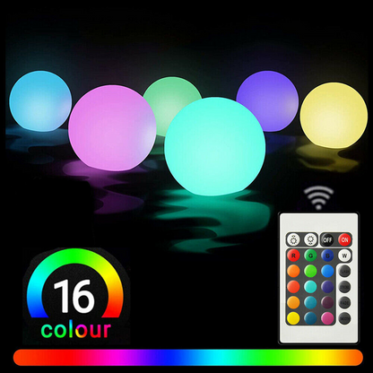 RGB color-changing LED ball lights from Lilac Milo floating pool lighting, glowing with vibrant, changing colors in the water.