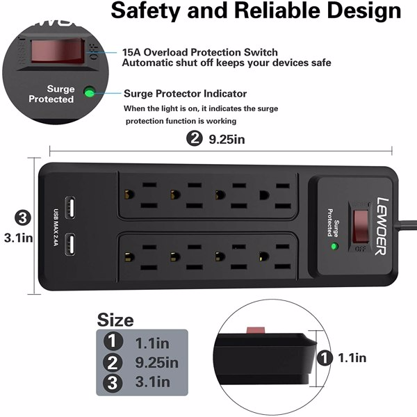 Lilac Milo power strip with 8 AC outlets and 2 USB charging ports, compact tech accessory for charging multiple devices