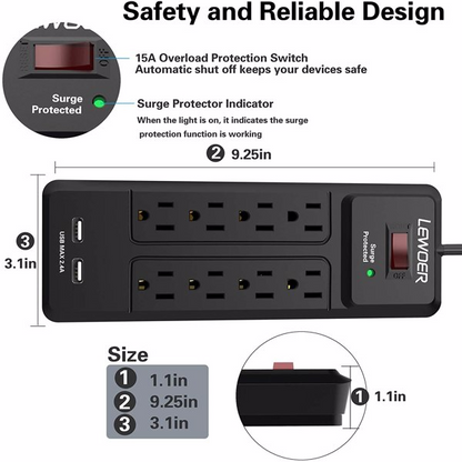 Lilac Milo power strip with 8 AC outlets and 2 USB charging ports, compact tech accessory for charging multiple devices