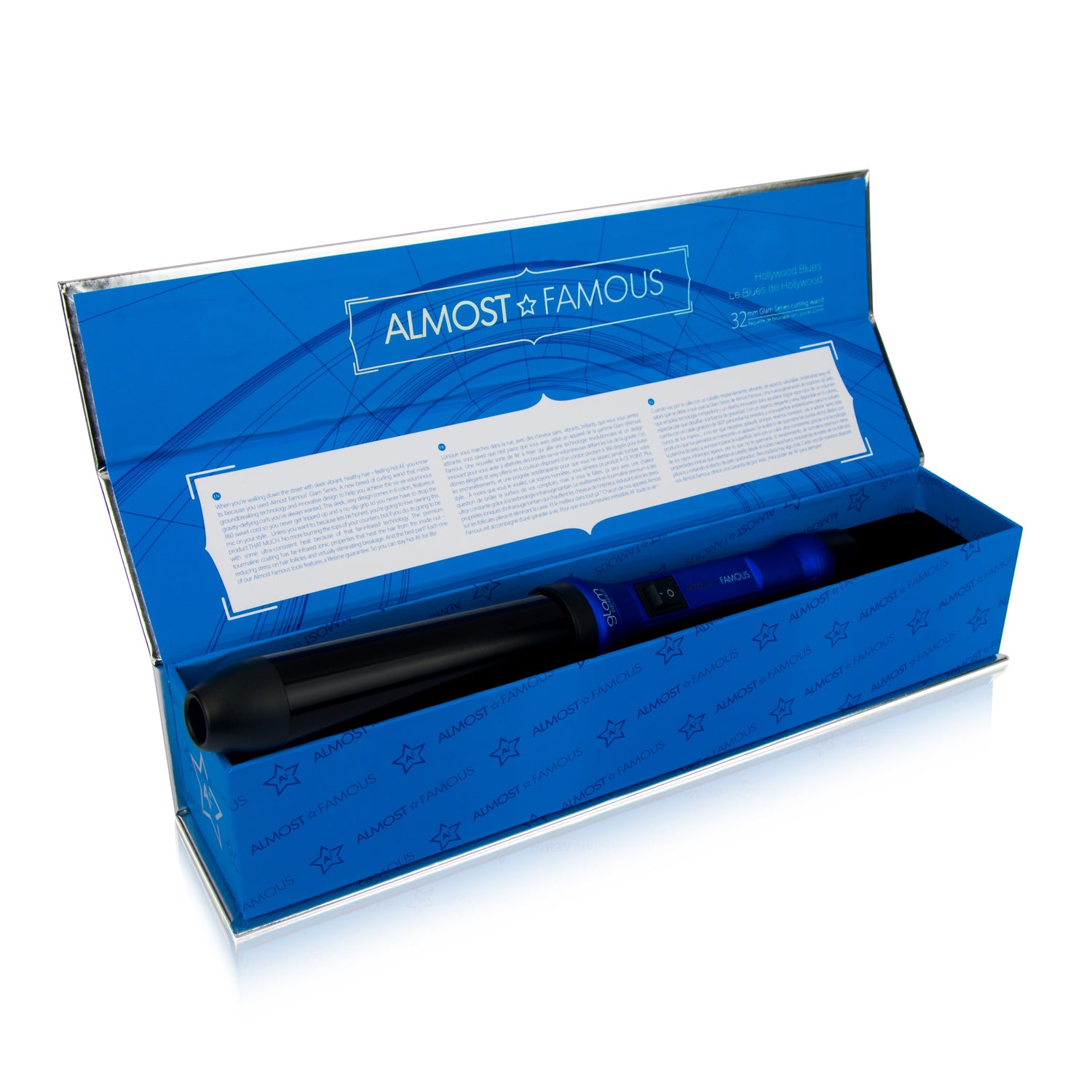 Sky Blue Thrace Almost Famous 32mm Glam Series curling wand with gem-infused barrel, showcasing a sleek, professional hair curling tool.
