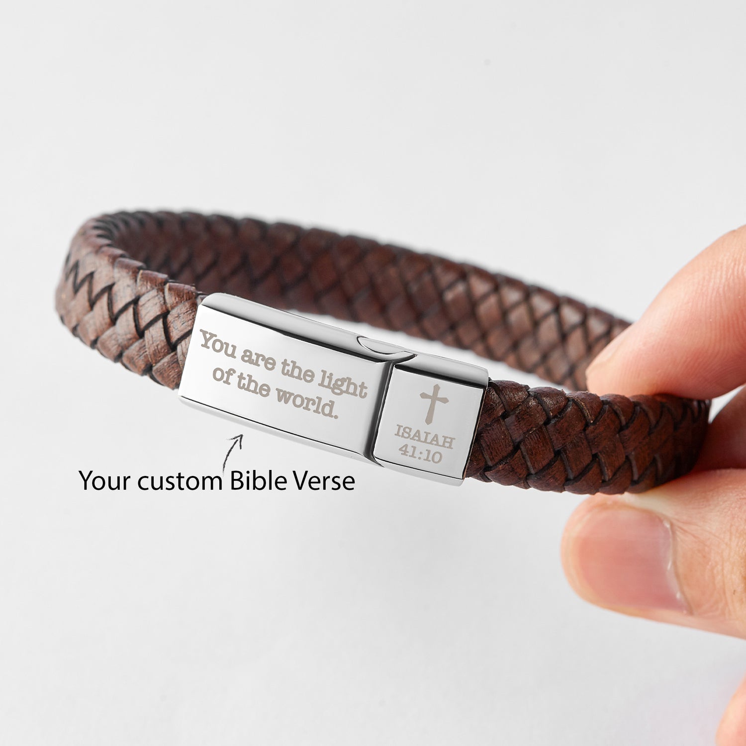 Christian bracelet featuring engraved Bible quote, green beaded bracelet with a silver clasp from Green Millie.