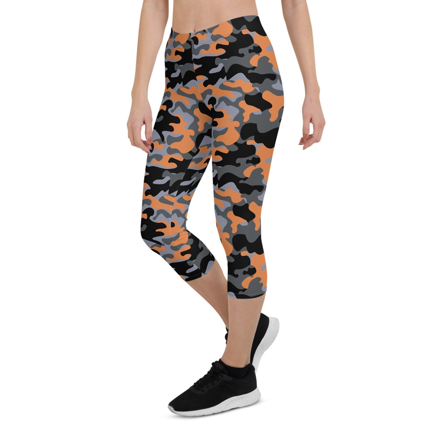 Orange and gray camo capri leggings for women by Harlequin Icarus, featuring a stylish camouflage pattern and comfortable fit.