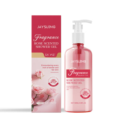 Carmine Juneberry botanical shampoo and shower set with natural haircare ingredients, displayed on a bathroom shelf.