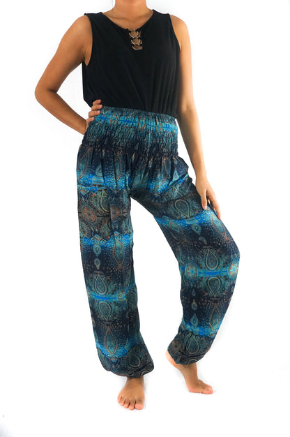 Tan Smokey turquoise paisley harem pants with loose fit and boho style, featuring a vibrant paisley pattern and relaxed design.
