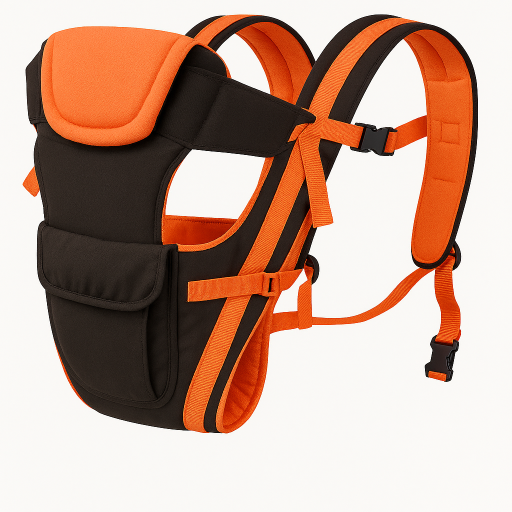 Gray Themis 4-in-1 adjustable baby sitting carrier bag in black and orange, featuring ergonomic straps and multiple carrying options.