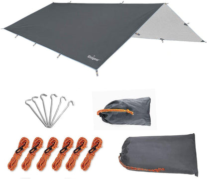 Rainproof camping tarp shelter by Indigo Eurybia, showcasing durable waterproof fabric and secure tie-downs for outdoor camping.