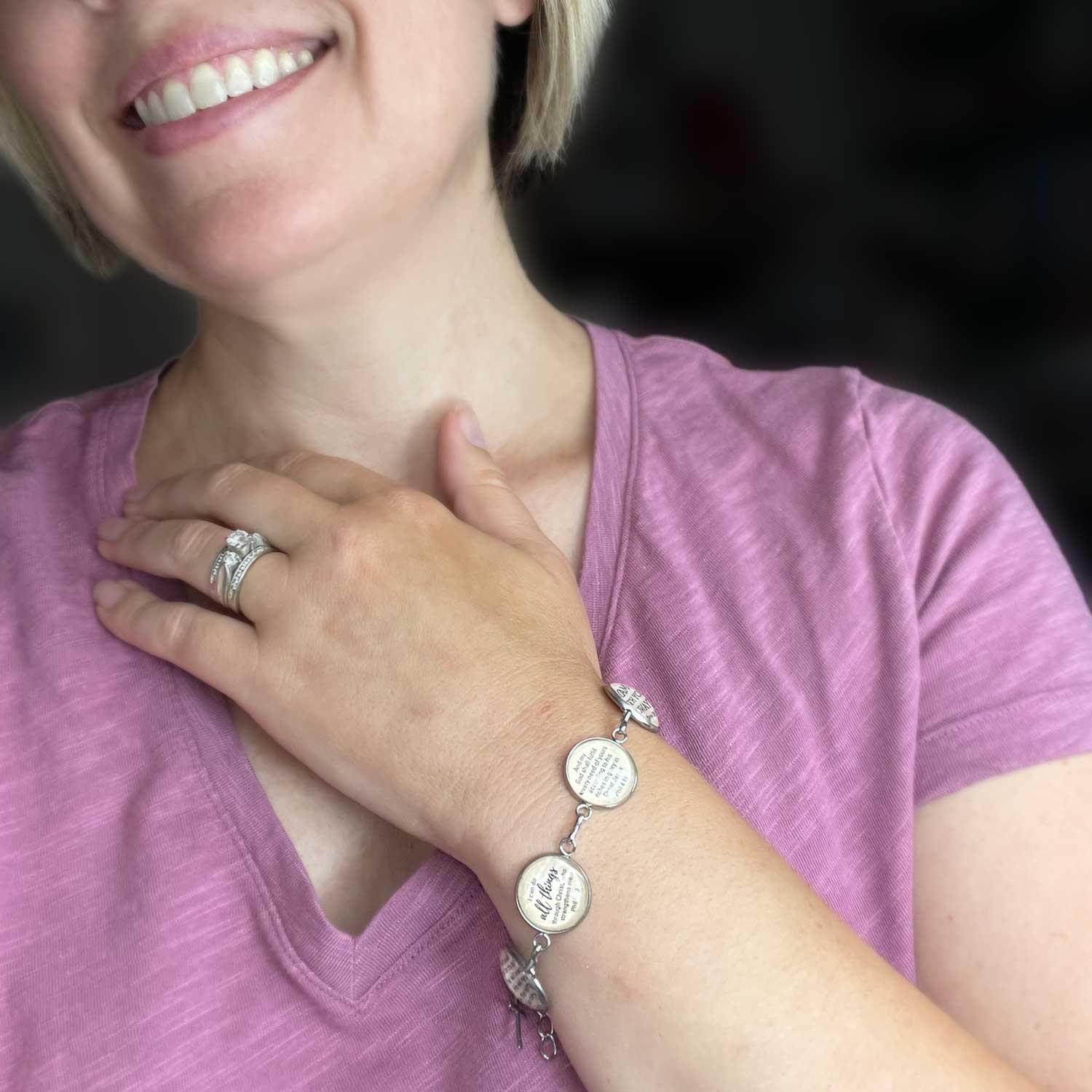 Stainless steel hymn and scripture glass charm bracelet with religious symbols, designed by Orchid Briseis.
