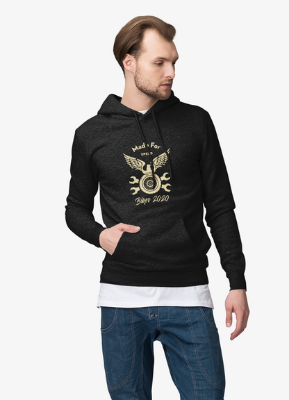 Yellow Pandora Made for Speed hooded sweatshirt featuring a front pocket and sporty design, displayed on a plain background.