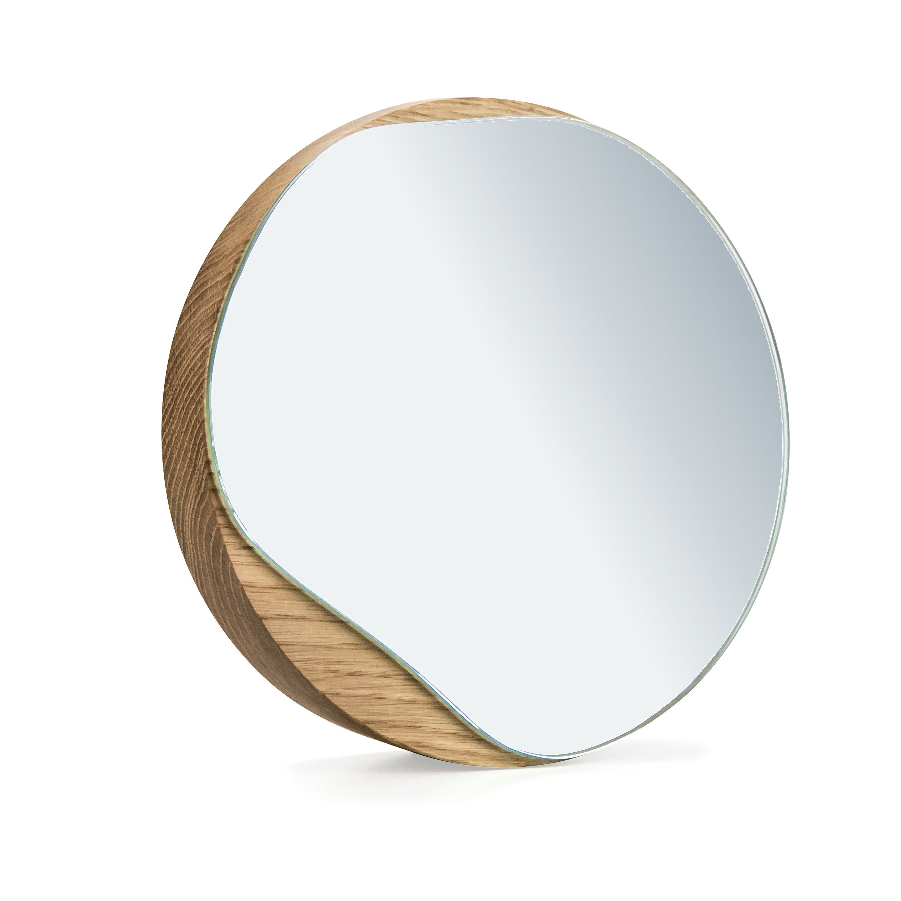 Biotite bathroom cosmetic round mirror with oak wood or black frame, reflecting a sleek, modern design for stylish bathroom decor.