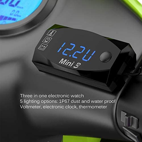Teal Simba 3-in-1 automotive voltmeter, clock, and thermometer display for cars and motorcycles showing digital readings and gauges.