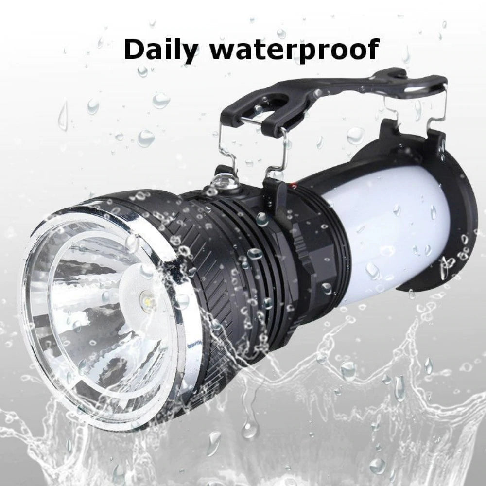 Yellow Pandora multi-function camping light showing LED panels and adjustable handle for outdoor camping illumination.