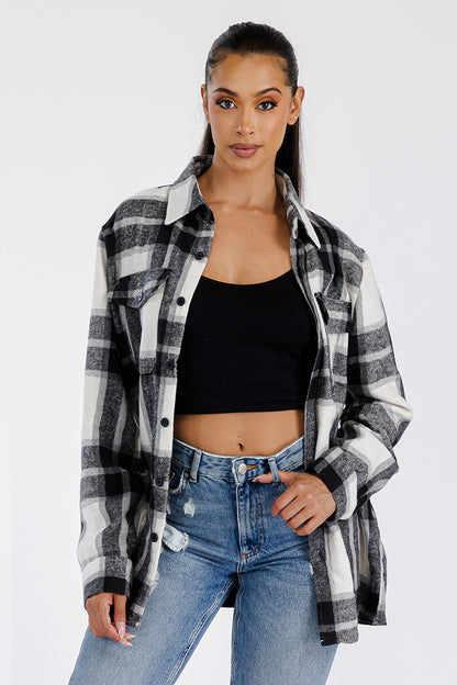 Lime Milo Boyfriend oversized soft flannel shacket in a cozy plaid design, perfect for layering and casual style.