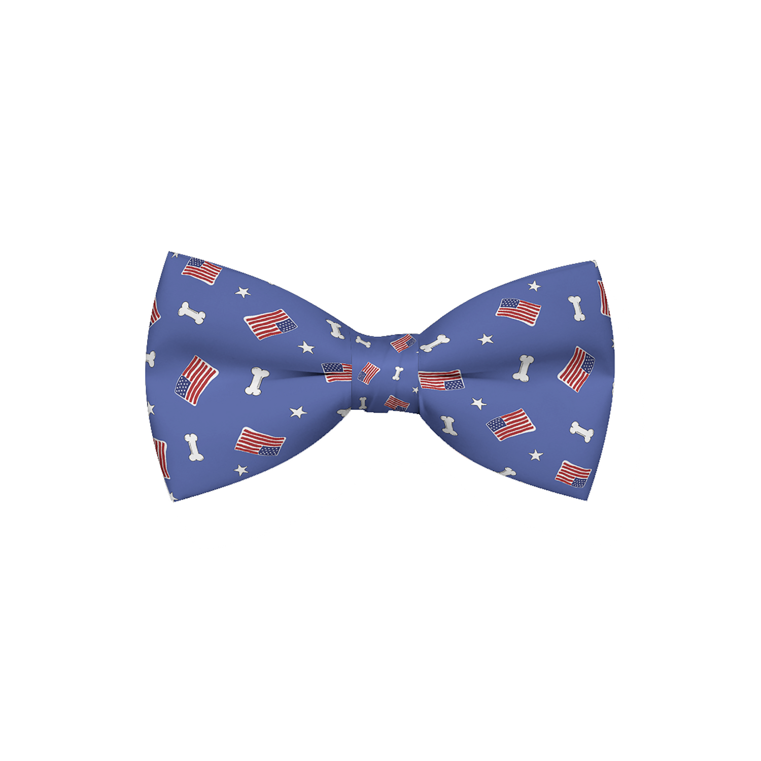 Red, white, and bones American flag dog bow tie by Plum Semele, featuring patriotic design on petwear accessory.