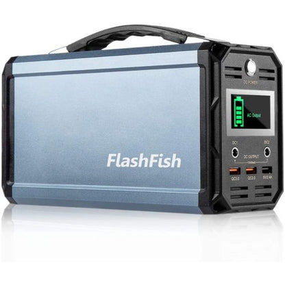 Teal Simba FlashFish 300W solar generator with 60000mAh portable power station showing multiple output ports and digital display