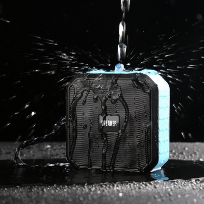 Teal Simba waterproof portable wireless Bluetooth 5.0 speaker for outdoor use, showing black speaker with control buttons and waterproof design.