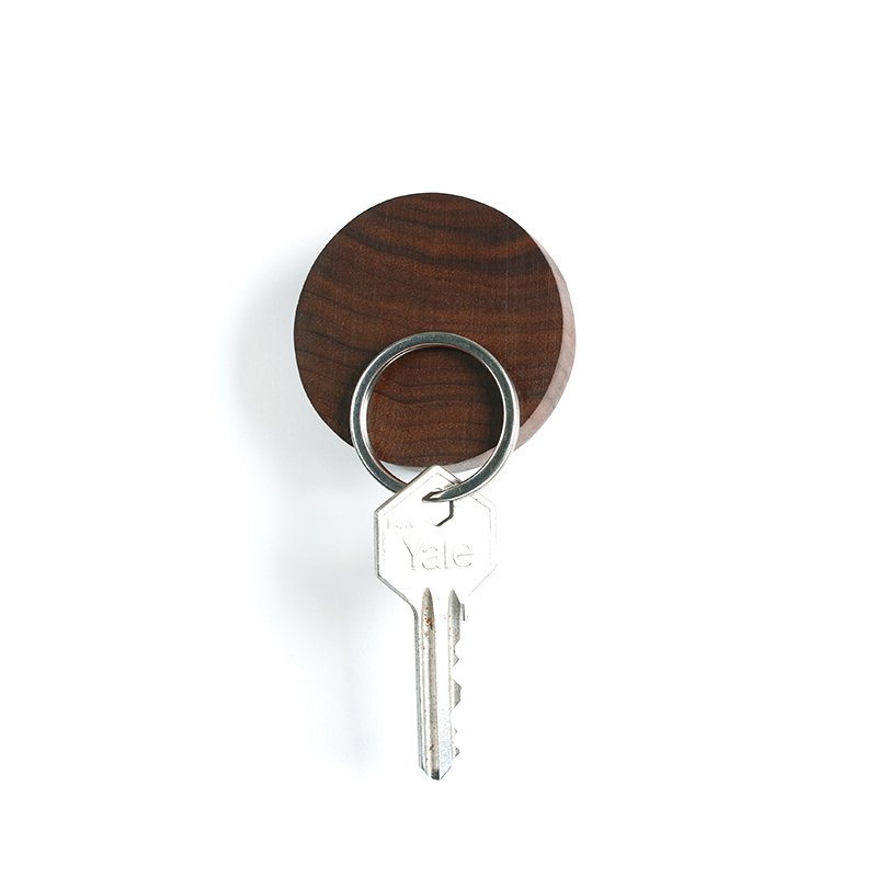 Fuchsia Molly wooden magnet key holder with hooks for keys, mounted on a wall in a home and garden setting.