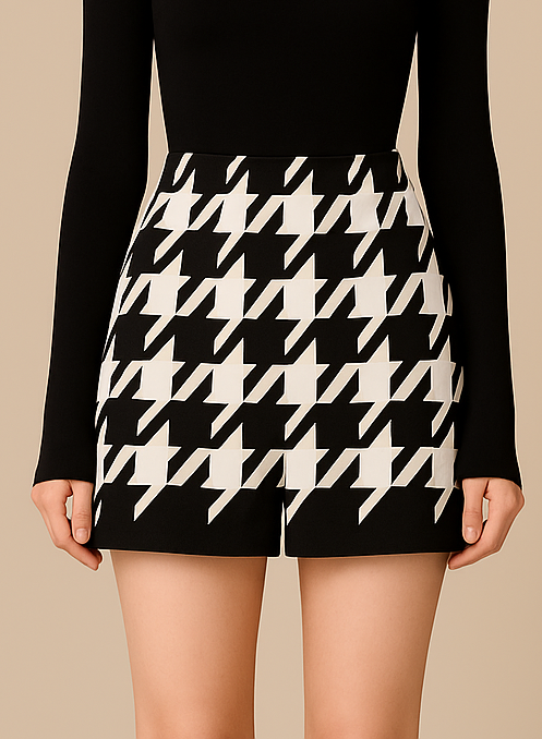 Carmine Juneberry houndstooth wool cape coat and matching shorts set, stylish and elegant outerwear for women.