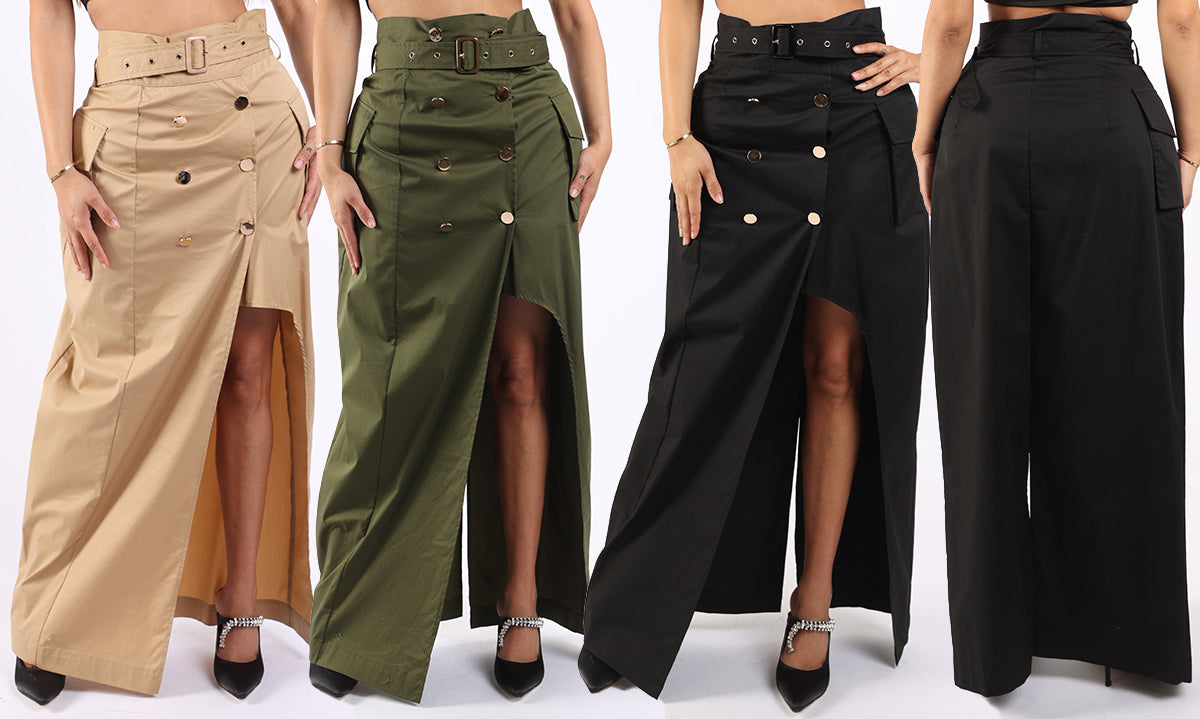 Asymmetric maxi skirt with self belt, pockets, and detailed design in casual and formal style by Puce Juniper.
