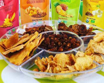 Assorted dried fruit pieces from Maroon Hades 2GO! Organic Dried Fruit Variety Pack in colorful packaging.