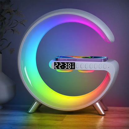 Teal Simba multifunctional wireless charger, alarm clock, and speaker with app control for tech accessories.