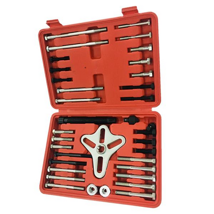 Lilac Milo 46-piece automotive bearing puller set with harmonic balancer and steering wheel removal tools, shown with various puller components.