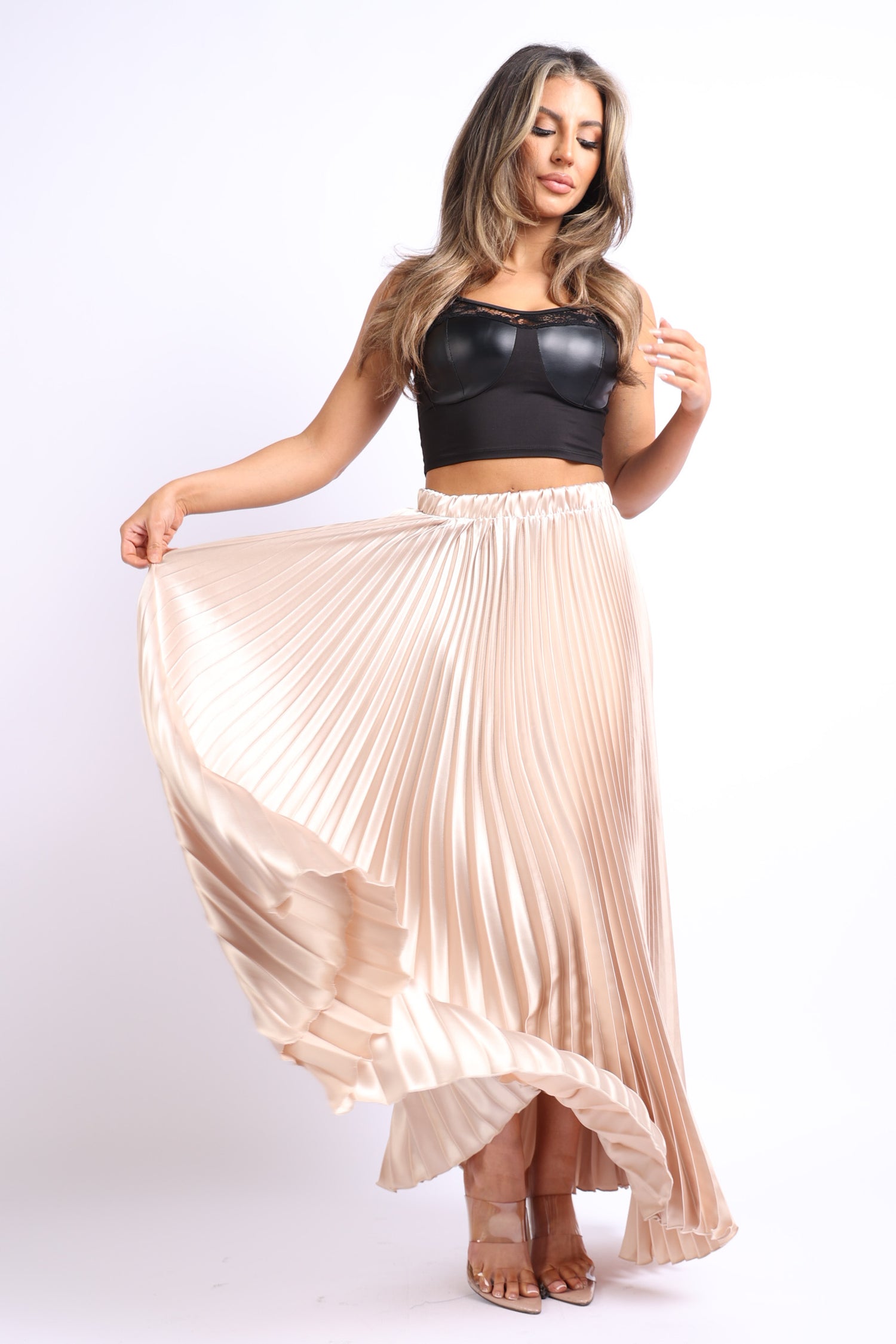 Puce Juniper taupe satin maxi skirt with high waist, pleated A-line design, suitable for formal or prom occasions.