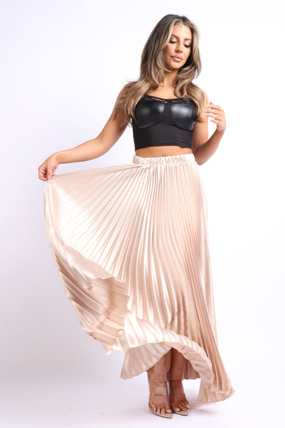 Puce Juniper taupe satin maxi skirt with high waist, pleated A-line design, suitable for formal or prom occasions.