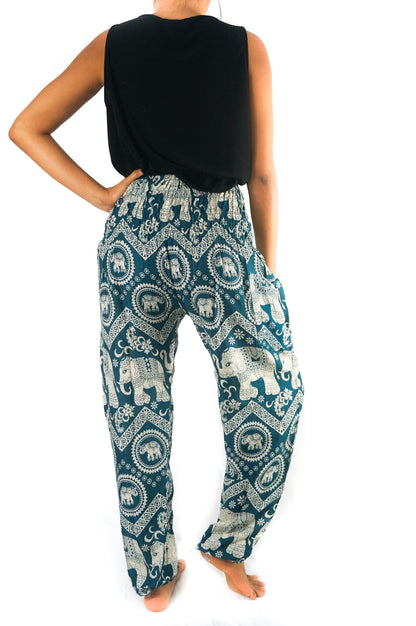 Teal Elephant print boho pants for women, hippie style yoga pants by Tan Smokey with relaxed fit and vibrant design.