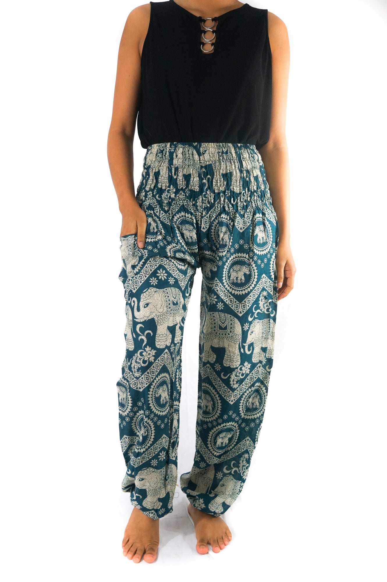 Tan Smokey teal elephant boho pants for women, hippie yoga pants with comfortable flowy fit and unique elephant print.