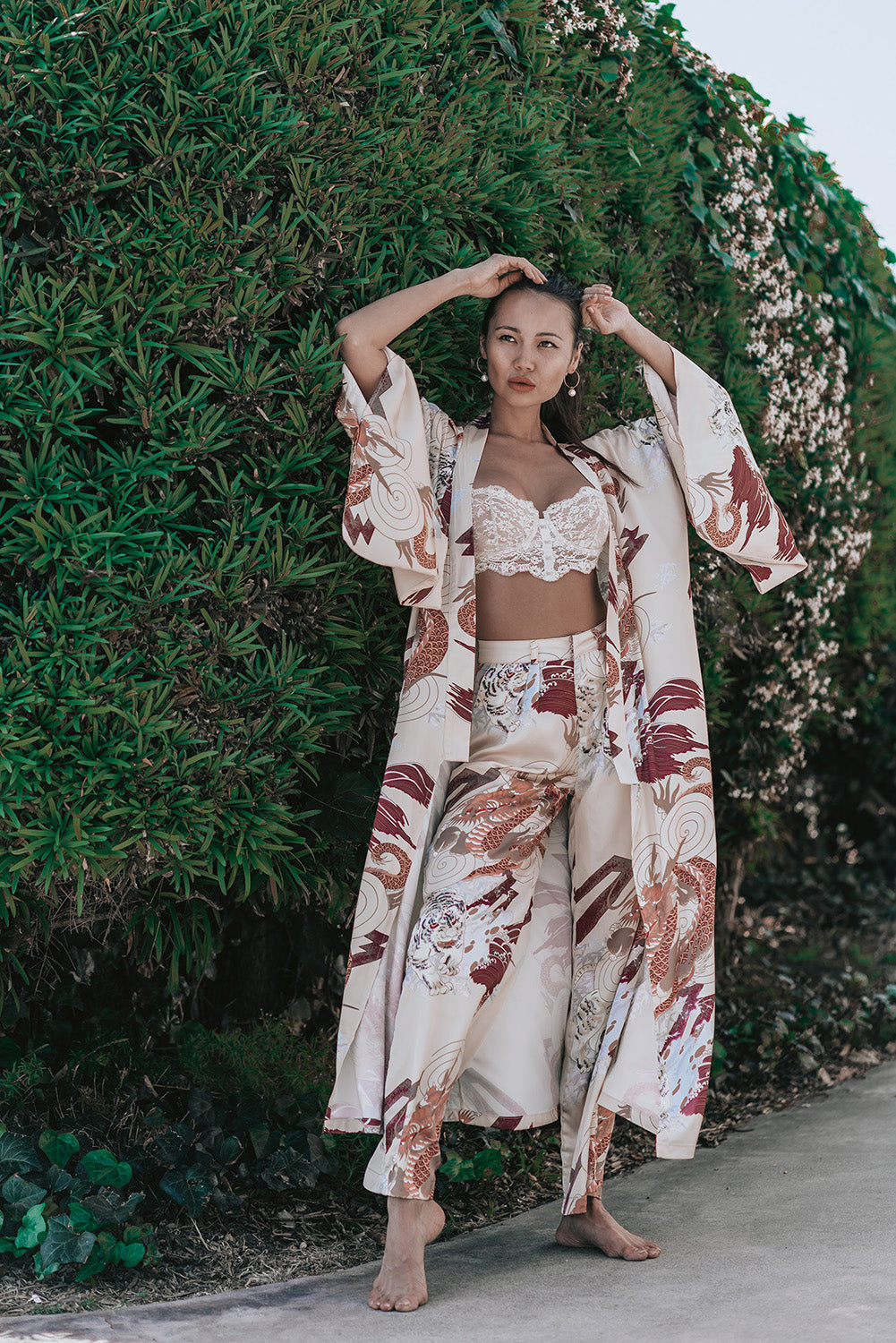 Azure Thanatos Kayda Satin Wide Leg Pants in matching set, showcasing smooth satin fabric and wide-leg silhouette.