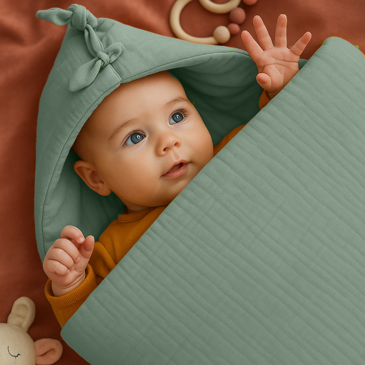 Organic cotton bunting bag in green for kids and babies by Chocolate Briseis, featuring soft fabric and playful design.