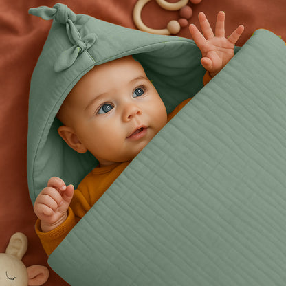 Organic cotton bunting bag in green for kids and babies by Chocolate Briseis, featuring soft fabric and playful design.