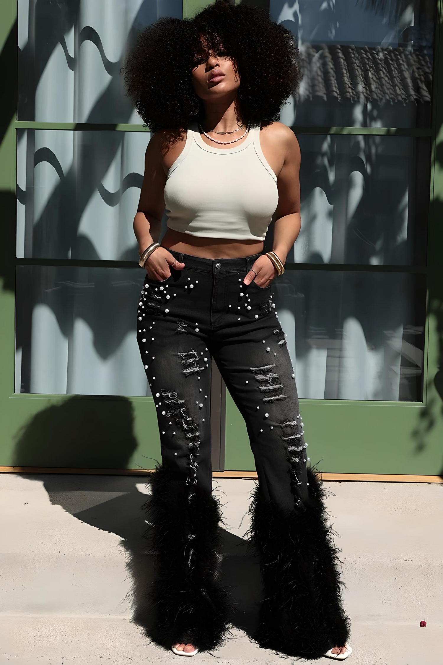 Carmine Juneberry Glam Wool Beaded Jeans, Runway Edition 25, showcasing stylish beaded detailing and classic denim fit.