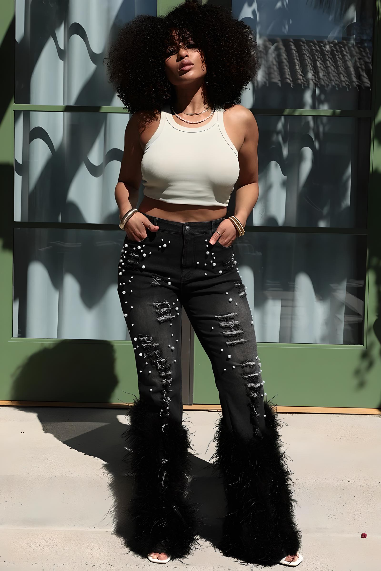 Carmine Juneberry Glam Wool Beaded Jeans, Runway Edition 25, showcasing stylish beaded detailing and classic denim fit.